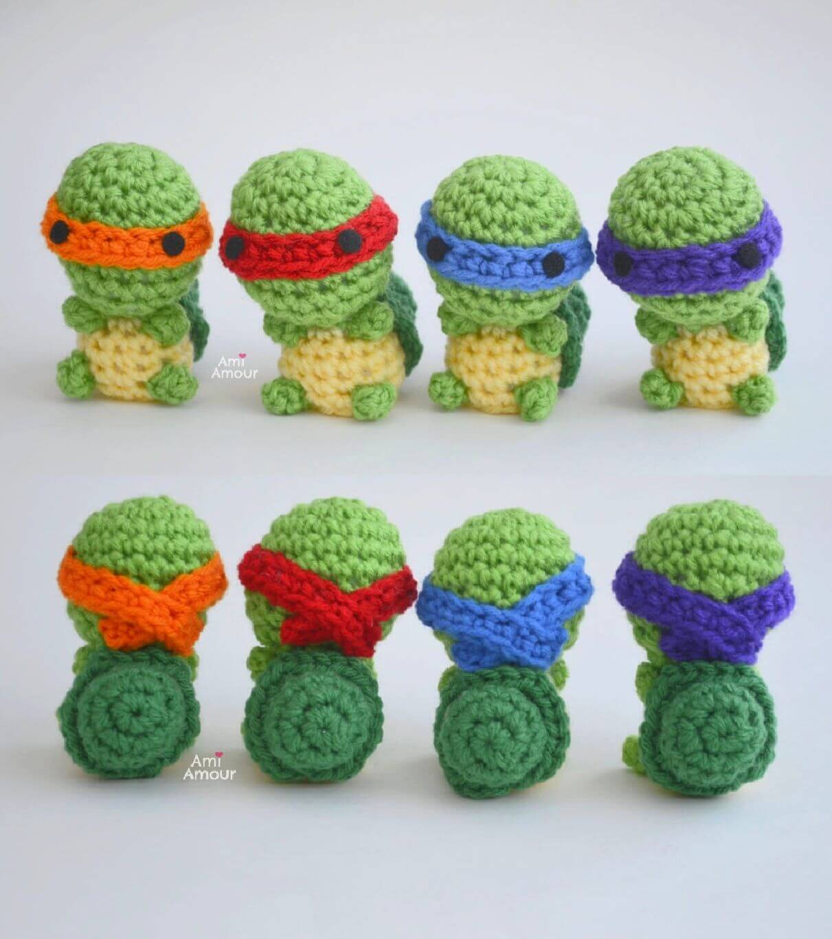 4 Ninja Turtle Amigurumi - Front and Back with colorful bandanas and green shells