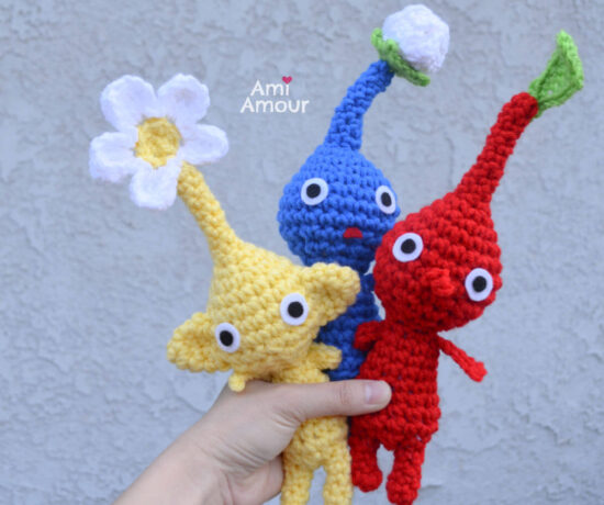 Pikmin Amigurumi in yellow, blue, and red