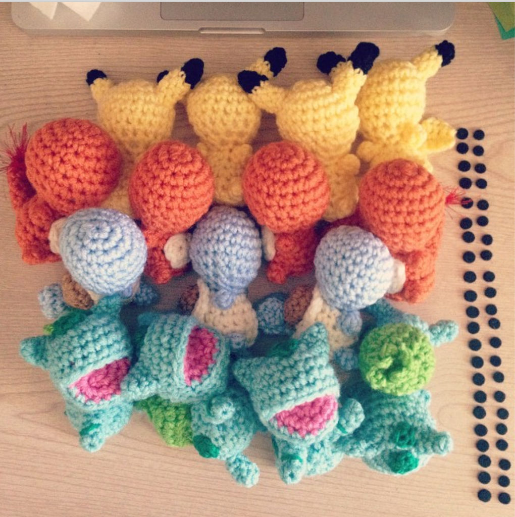 Crochet Pokemon Work in Progress with Felt Eyes Lined Up