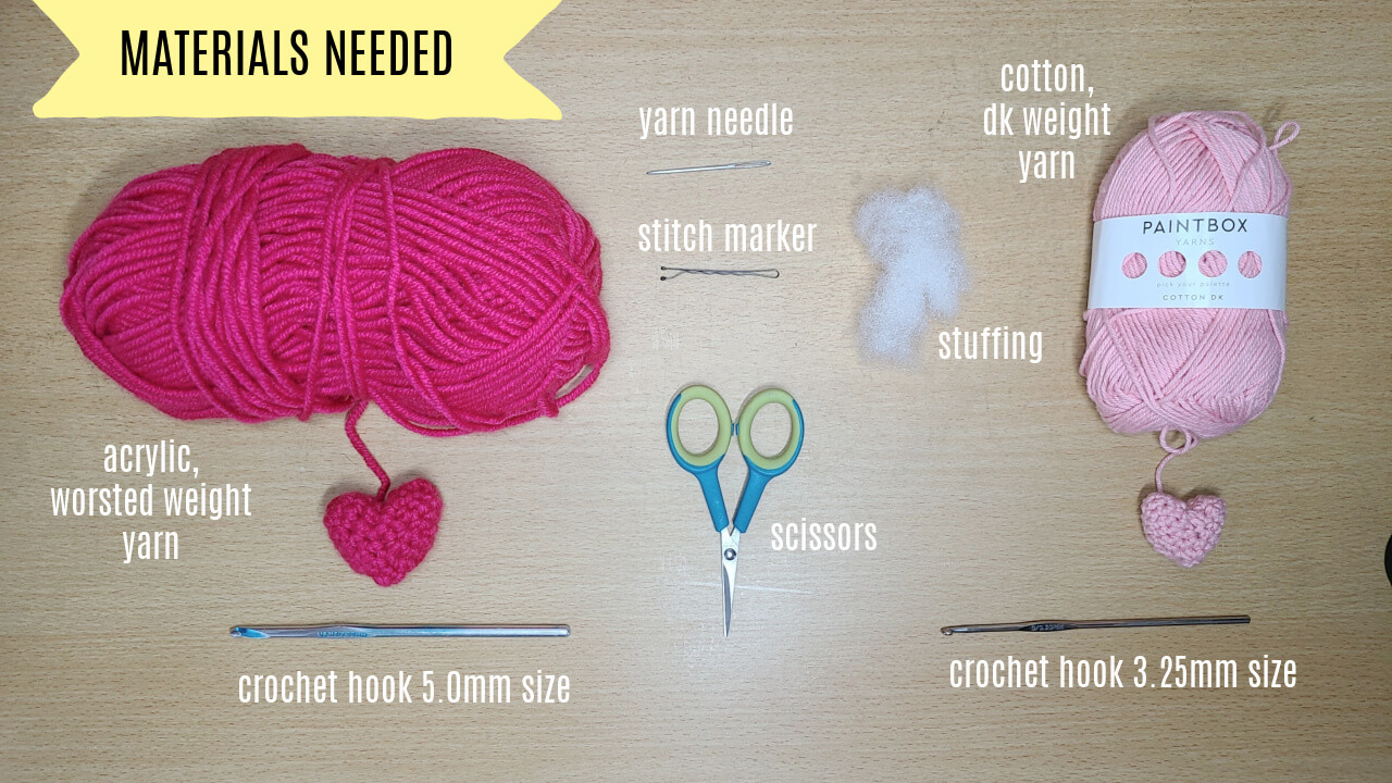 Materials to make Heart Amigurumi