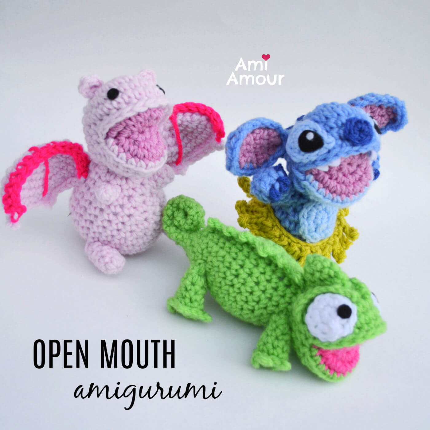 Open Mouth Amigurumi Pattern Series with Stitch, Dragon, and Chameleon