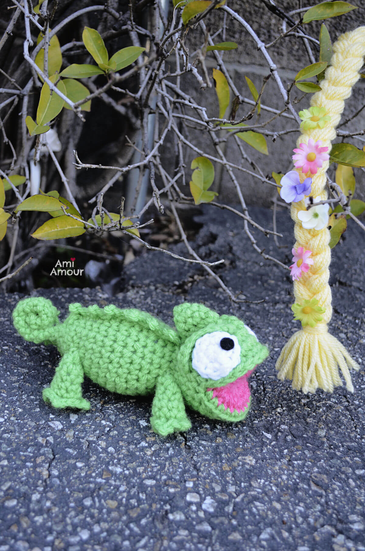 Handmade Crochet Pascal in Forest with Rapunzel Braided Hair full of Flowers