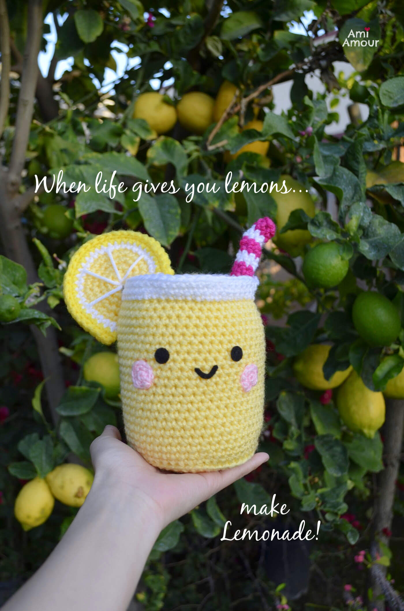 Crochet Lemonade in backdrop of Lemon Tree