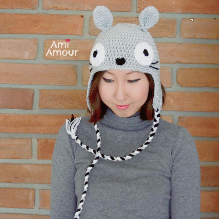 Crochet Totoro Hat with Earflap and Braided Cord