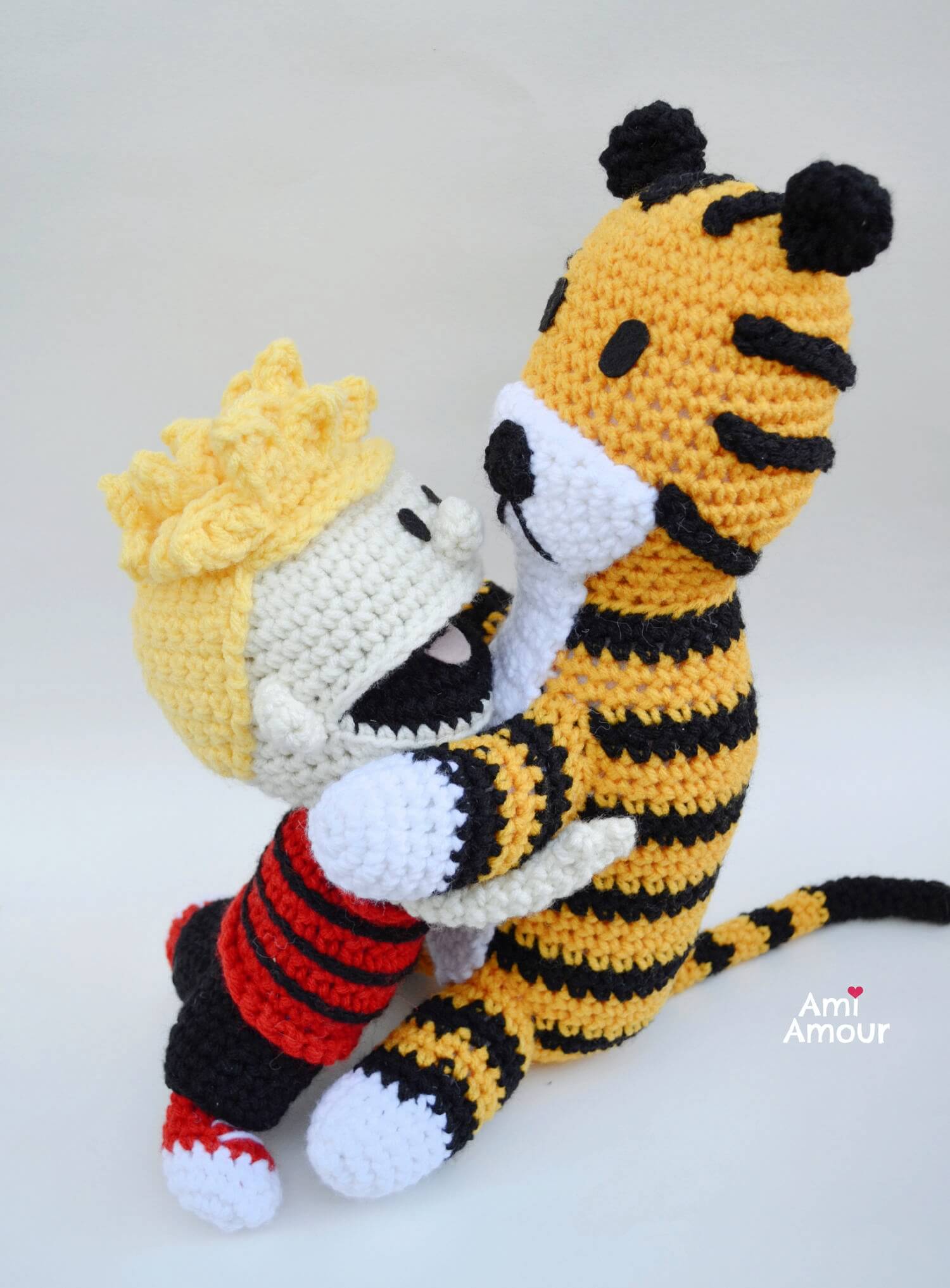Open Mouth Crochet Calvin version hugging his best friend Hobbes