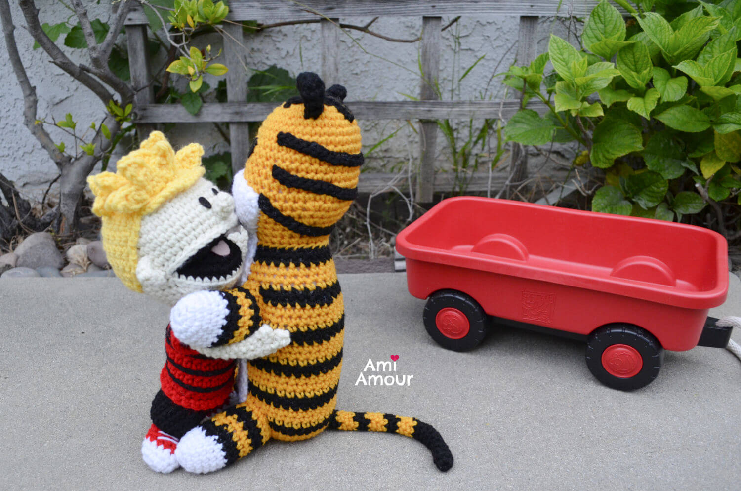 Crochet Calvin and Hobbes with Red Wagon 
