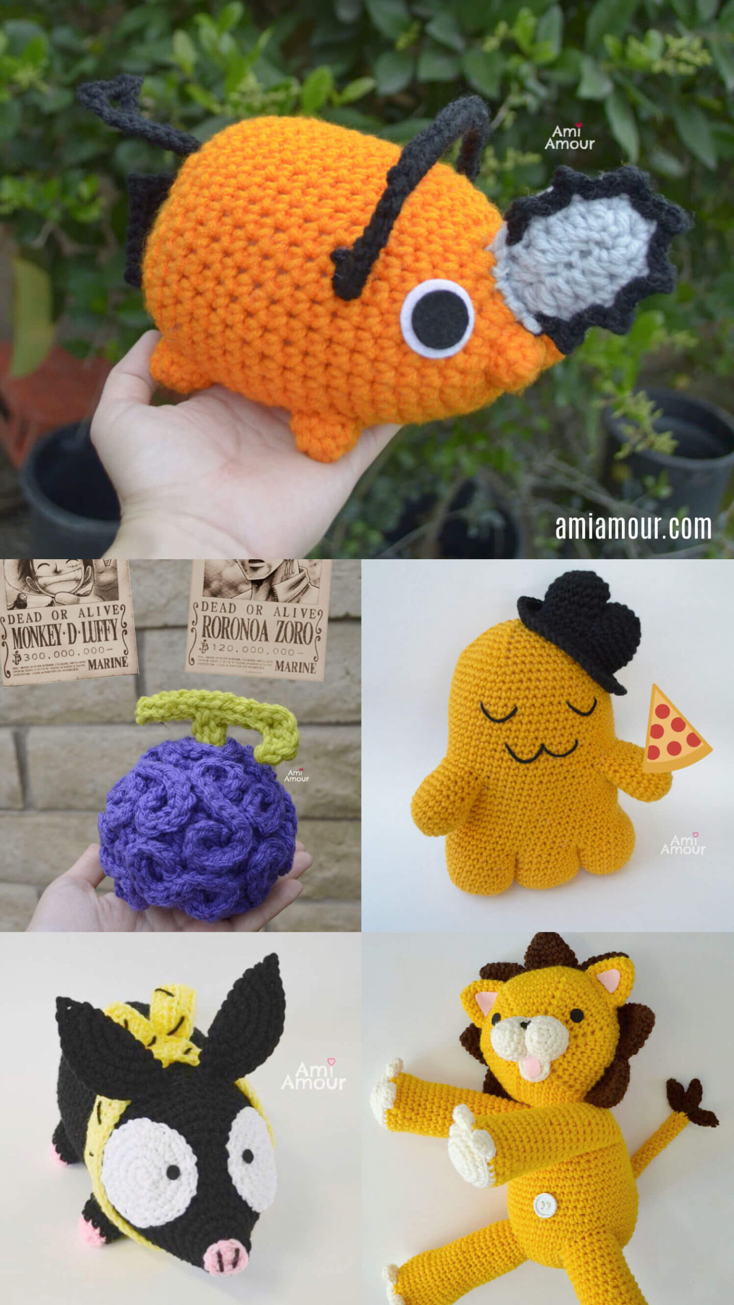 Anime Crochet Patterns for Pochita, Devil Fruit, Cheesekun, Pchan, and Kon